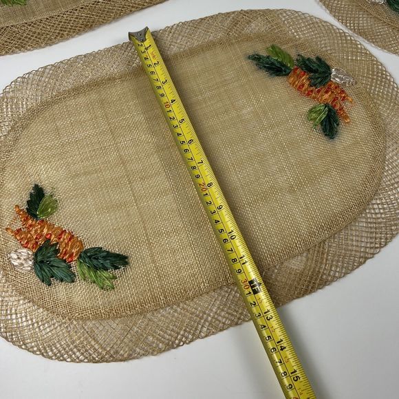 Wicker Straw Placemats Embroidered Carrots Vtg Boho Raffia 19”x13” Oval Set/6 - Picture 11 of 14